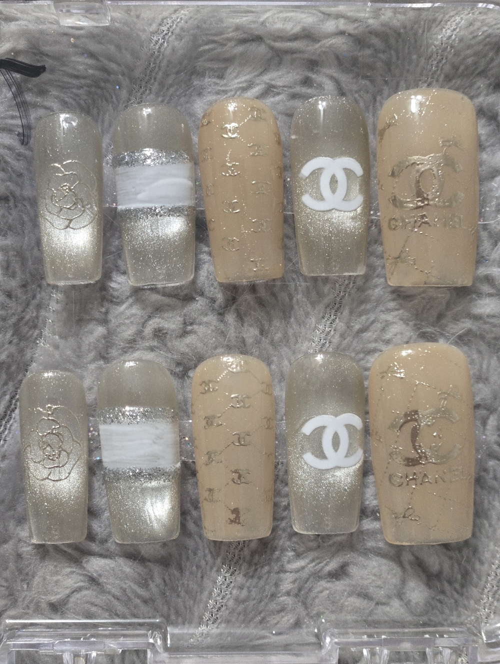 Designer Inspired Nude & Champagne Gold Logo Press-On Nails